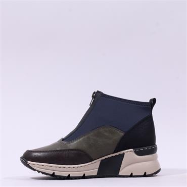 Rieker Front Zip Wedge Ankle Boot - Navy Combi