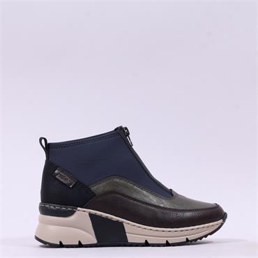 Rieker Front Zip Wedge Ankle Boot - Navy Combi