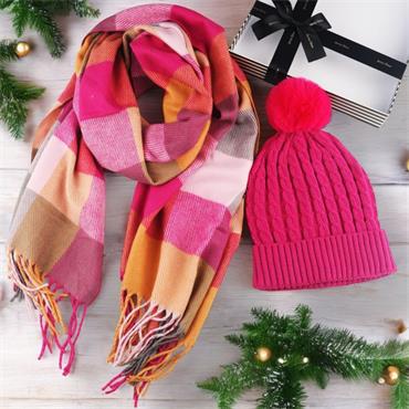 LADIES SCARF & HAT SET  ROSE RED