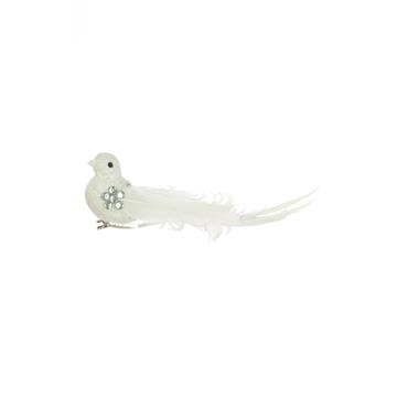 FLORALSILK JEWELLED BIRD W/FEATHERS WHITE