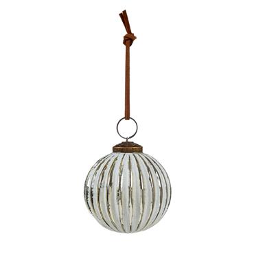 PREMIER WHITE/SILVER RIBBED 70MM BAUBLE