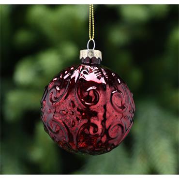 FESTIVE ANTIQUE BURGUNDY GLASS BALL SCROLL DESIGN 8CM