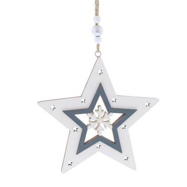 FESTIVE HANGING WHITE/BLUE WOOD STAR 12CM