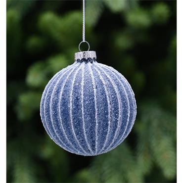 FESTIVE BLUE GLITTER ENCRUSTED GLASS BALL WHITE STRIPE