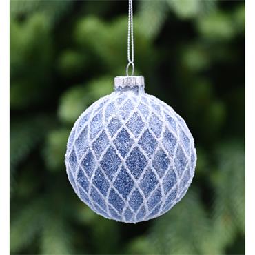 FESTIVE BLUE GLASS BALL WHITE GLITTER DIAMOND 8CM