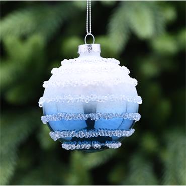 FESTIVE SHINY BLUE / WHITE GLASS BALL 8CM
