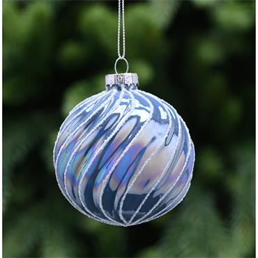 FESTIVE CLEAR/BLUE GLASS RIDGE BALL GLITTER LINES 8CM