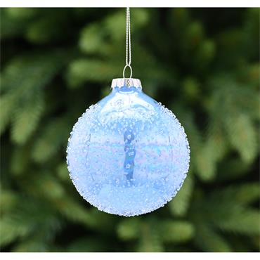 FESTIVE BLUE IRIDESCENT ENCRUSTED GLASS BALL 8CM