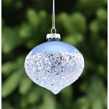 FESTIVE LIGHT BLUE GLASS ONION WITH WHITE GLITTER