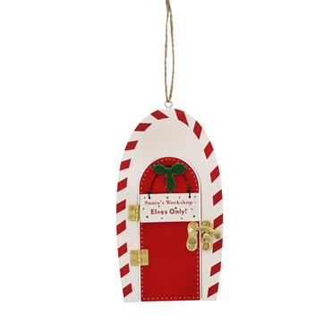 FESTIVE HANGING RED/WHITE WOODEN SANTAS WORKSHOP DOOR
