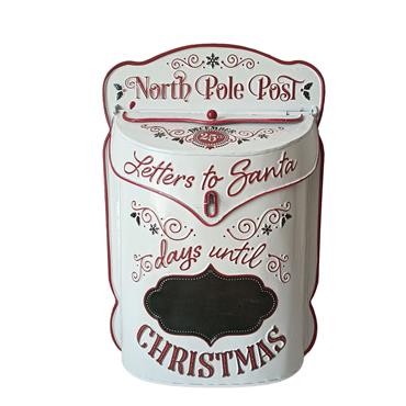 FESTIVE WHITE / RED METAL POST BOX WITH CHALK BOARD