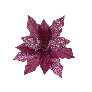 PREMIER DECORATIONS PLUM GLITTER POINSETTIA WITH VELVET CLIP ON 30CM
