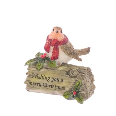 FLORALSILK RESIN ROBIN ON XMAS LOG 10CM