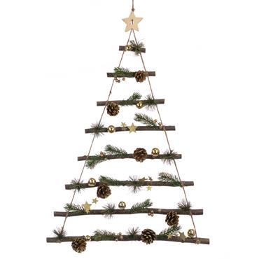 FLORALSILK WOOD PINE & BAUBLE WALL LADDER