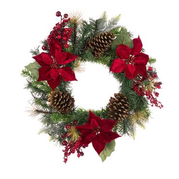 FLORALSILK POINSETTIA BERRY PINE WREATH