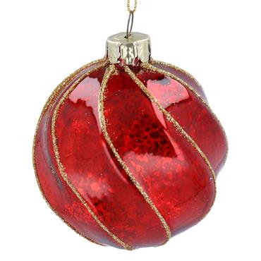 GISELA GRAHAM RED GLASS RIBBED SWIRL BALL W GOLD GLITTER
