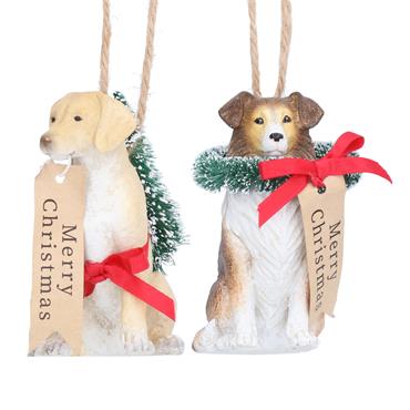 GISELA GRAHAM RESIN DOG W/WREATH/TREE & TAG DEC