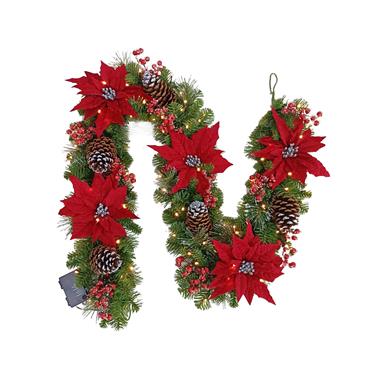 POINSETTIA PINE 6FT GARLAND PRELIT