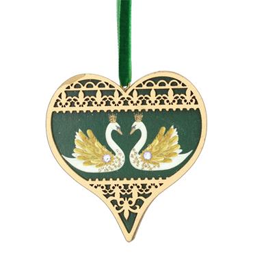GISELA GRAHAM WOOD FRETWORK HEART DEC GREEN/GOLD TWO SWANS