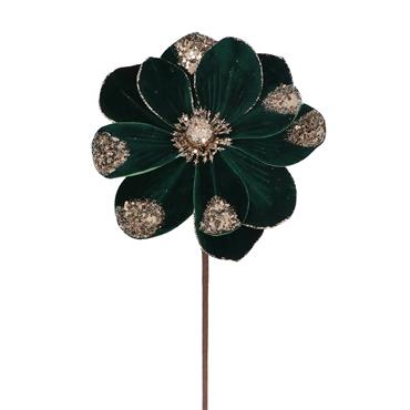 GISELA GRAHAM GREEN VELVET MAGNOLIA W GOLD GLITTER STEM