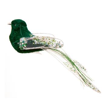 PREMIER DECORATIONS DARK GREEN GLITTER FEATHER BIRD W/SEQUINS