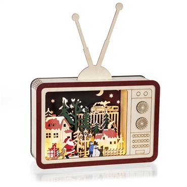 PREMIER DECORATIONS LIT WOODEN VINTAGE TV W VILLAGE WINTER SCENE