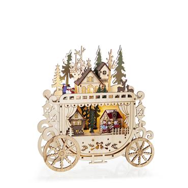 PREMIER DECORATIONS LIT WOODEN CARRIAGE W/VILLAGE