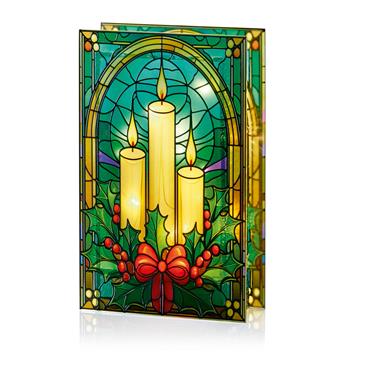 PREMIER DECORATIONS LIT CANDLES AND HOLLY STAINED GLASS TABLE TOP  25 W.WHITE LED