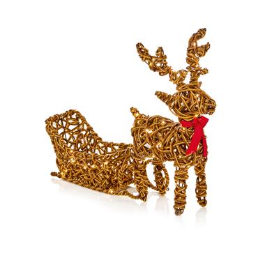 PREMIER DECORATIONS MULTI ACTION LIT RATTAN LOOK REINDEER/SLEIGH 60 W.WHITE LED AND TIMER