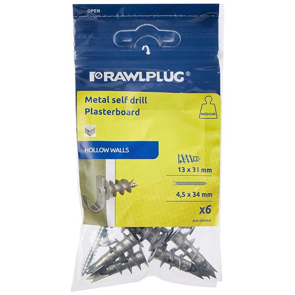 Rawlplug Metal SelfDrill Plasterboard Fixing Pack of 6 RS1DRA02/6