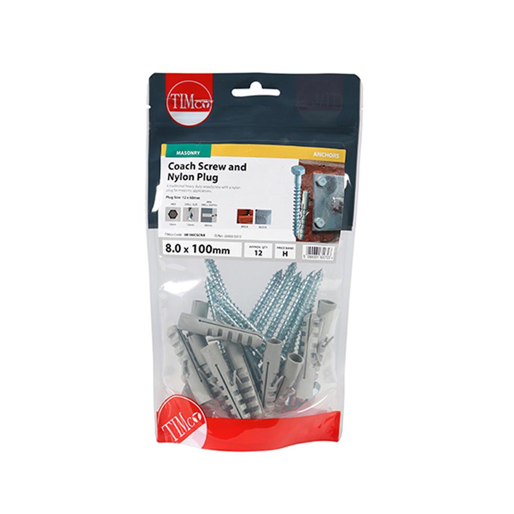 Timco Coach Screw & Nylon Plugs Zinc 8.0 x 100mm 12 Pack 08100CSCNB