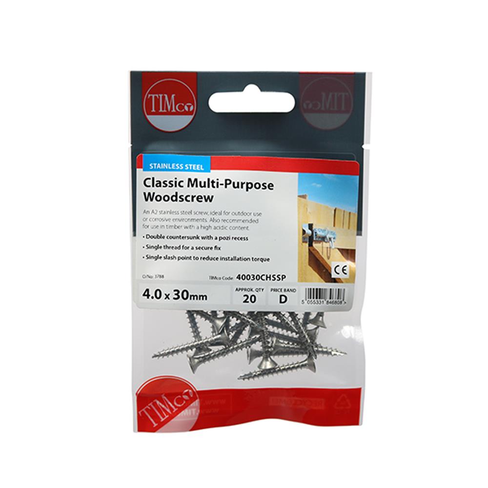 Timco PZ Stainless Steel Screws 4.0 x 30mm 20 Pack 40030CHSSP