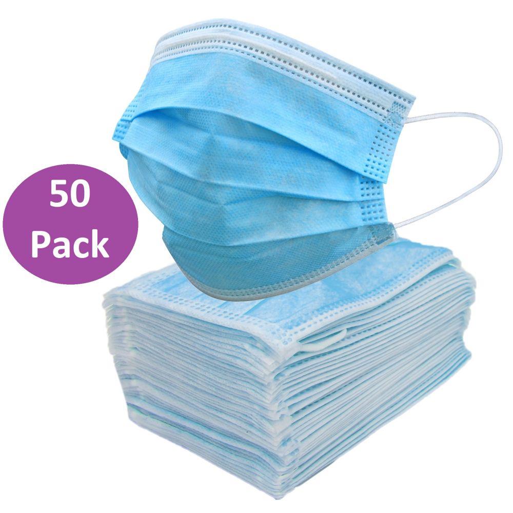 BLUE DISPOSABLE FACE MASK 3 PLY 50 PACK 175MM X 95MM Heavins.ie
