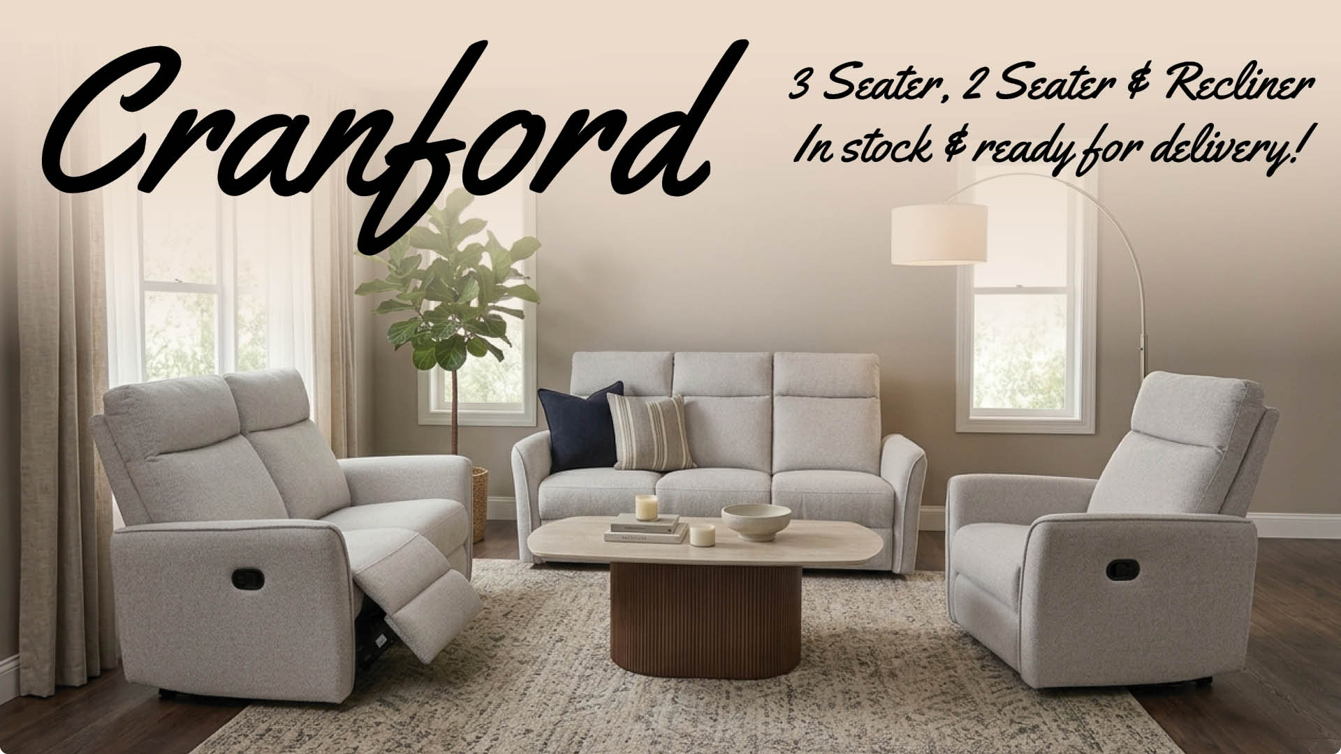 Image showing light coloured manual recliner sofa range in a living room setting.