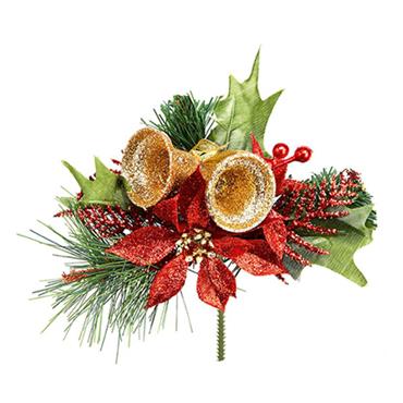 Poinsettia And Bells Pick Red & Gold 16cm