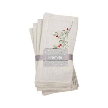 Premier Embroided Chambray Holly Berry Napkins Set Of 4