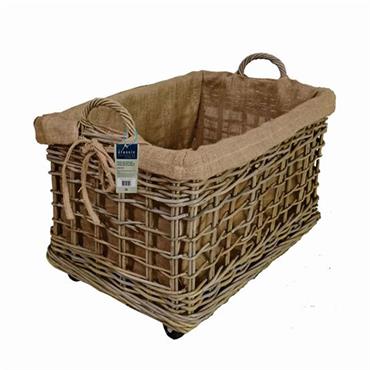 Kubu Grey Woven Lined Log Basket With Handle & Wheels Medium