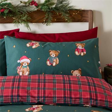 Christmas Tartan Teddy Bear Duvet Set Green Single