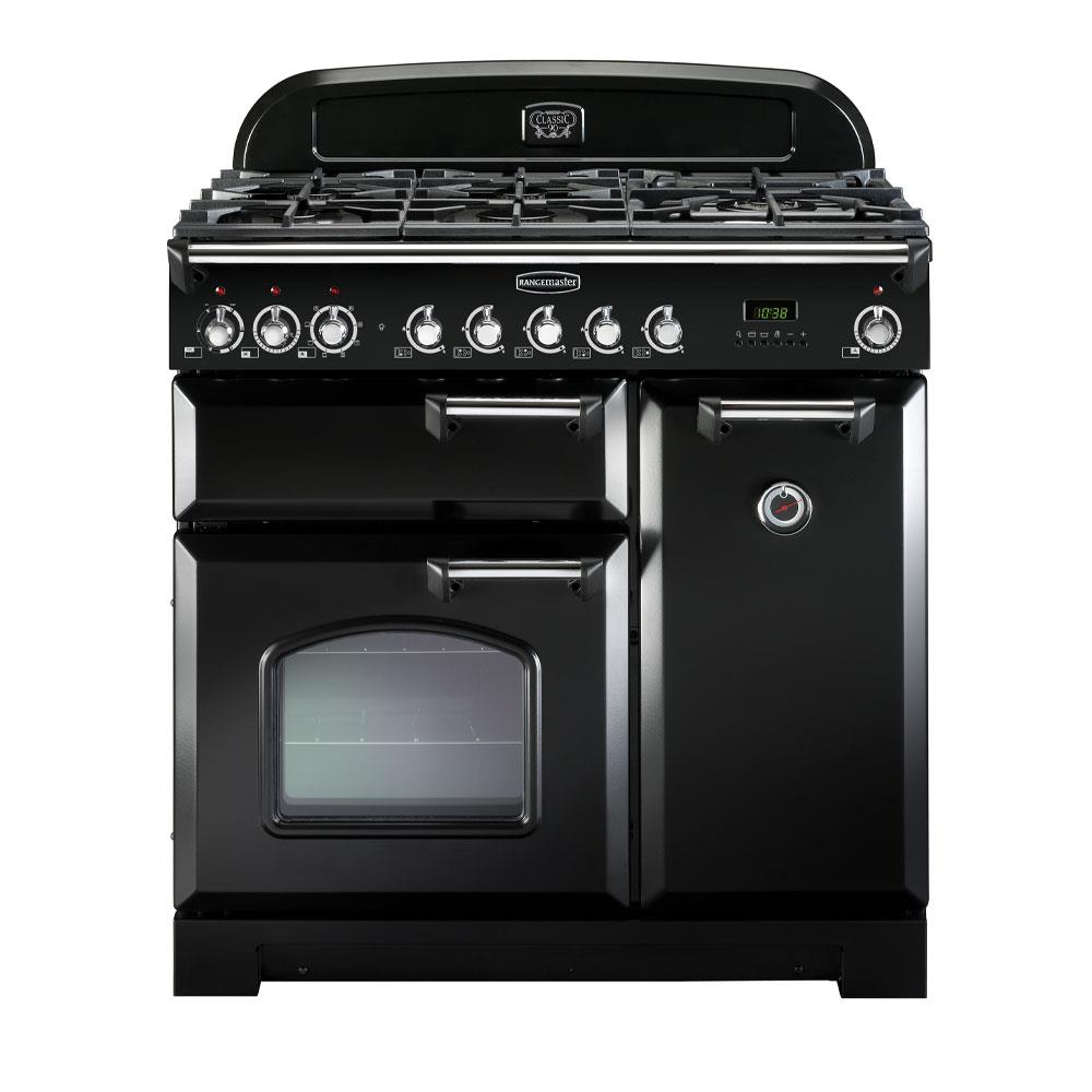 Rangemaster Classic Deluxe 110 Dual Fuel Black with Chrome Stakelums