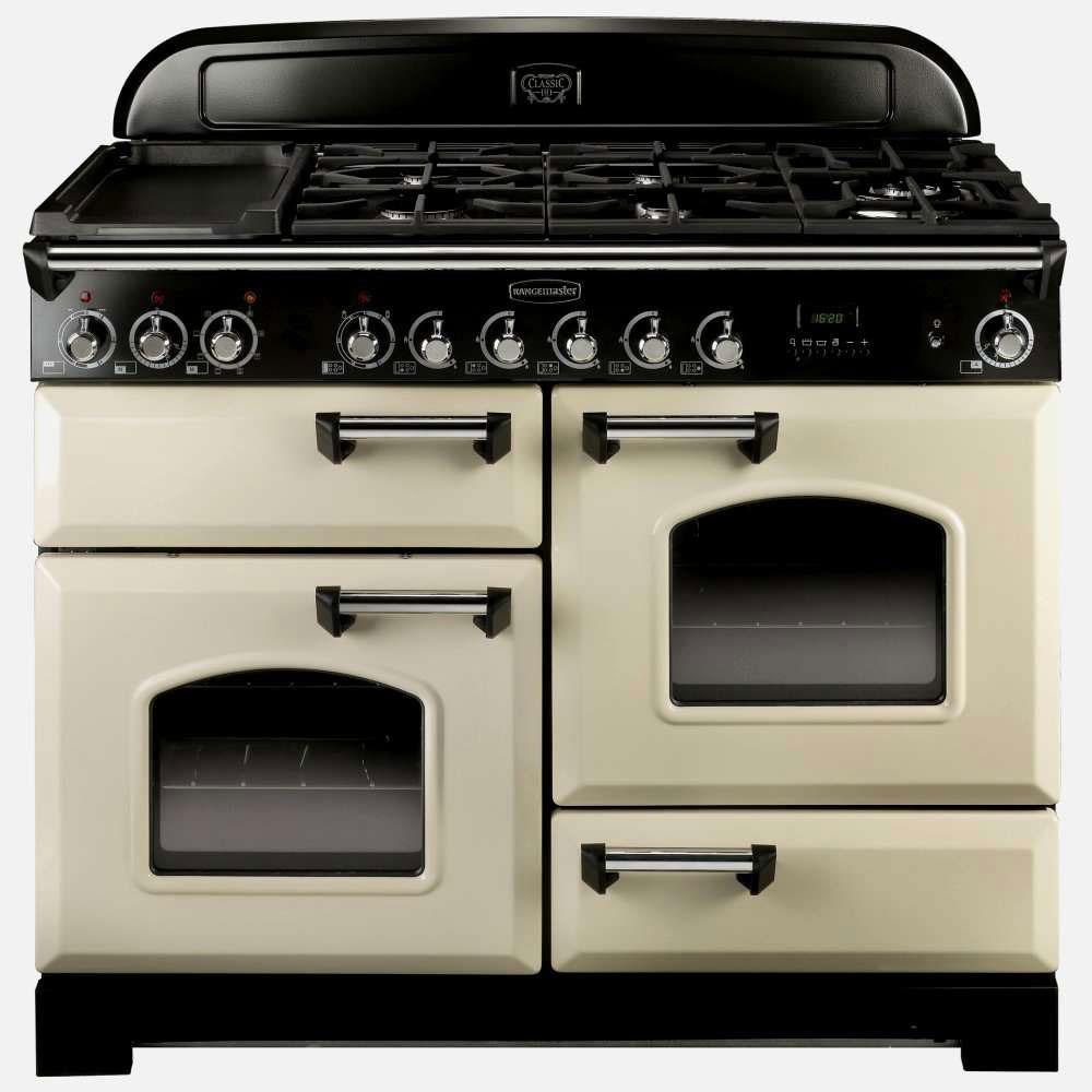 Rangemaster Classic Deluxe 110 Dual Fuel Cream with Chrome Stakelums