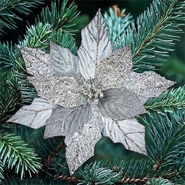 Premier Silver Glitter Poinsettia With Velvet Clip On 30cm