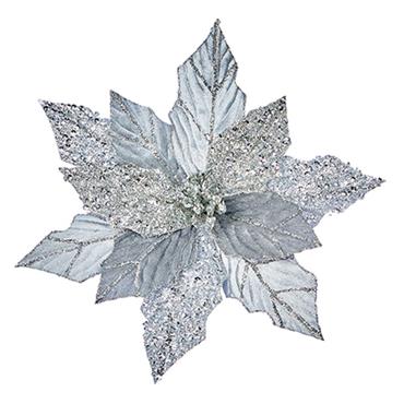 Premier Silver Glitter Poinsettia With Velvet Clip On 30cm