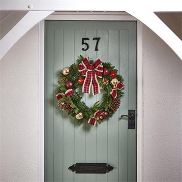 Premier Red Bow Wreath With Baubles And Cones 50cm