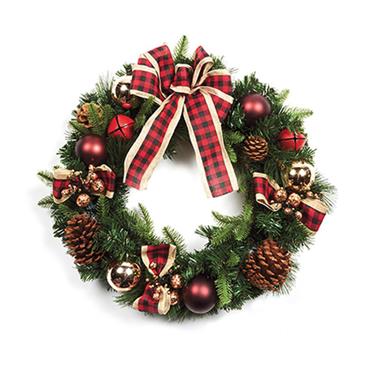 Premier Red Bow Wreath With Baubles And Cones 50cm