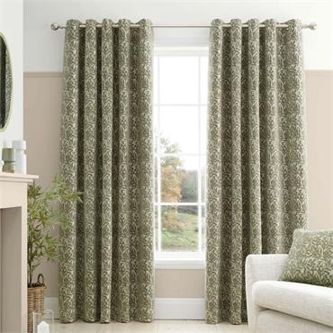 Chenille Leaves Green Curtains Eyelet 90x90
