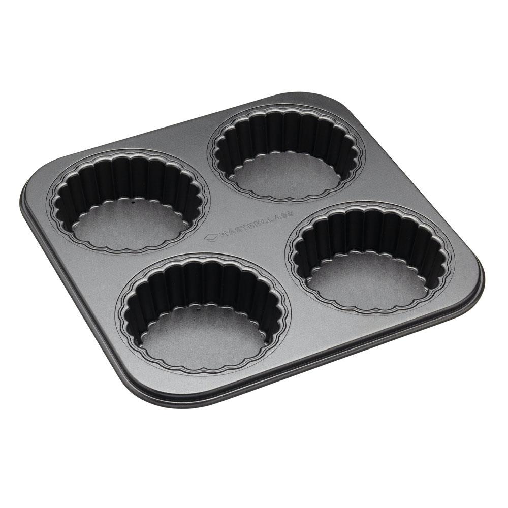 KitchenCraft MasterClass NonStick Four Hole Loose Base Fluted Mini