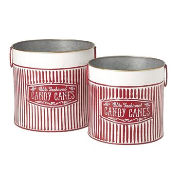 Candy Cane Round Metal Buckets Set