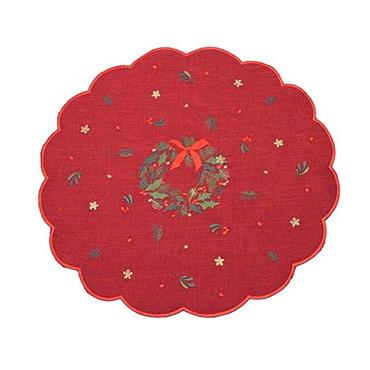 Scalloped Embroidered Wreath Placemat Red