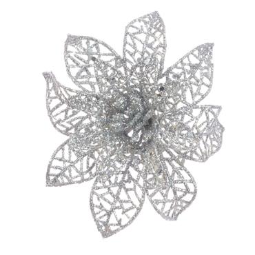 Silver Glitter Poinsettia Clip 15cm