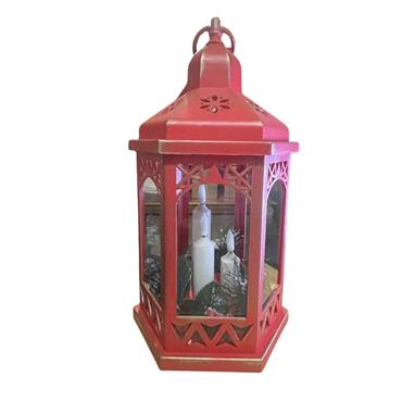Straits Hexagonal Red Lantern with LED Candles 30cm